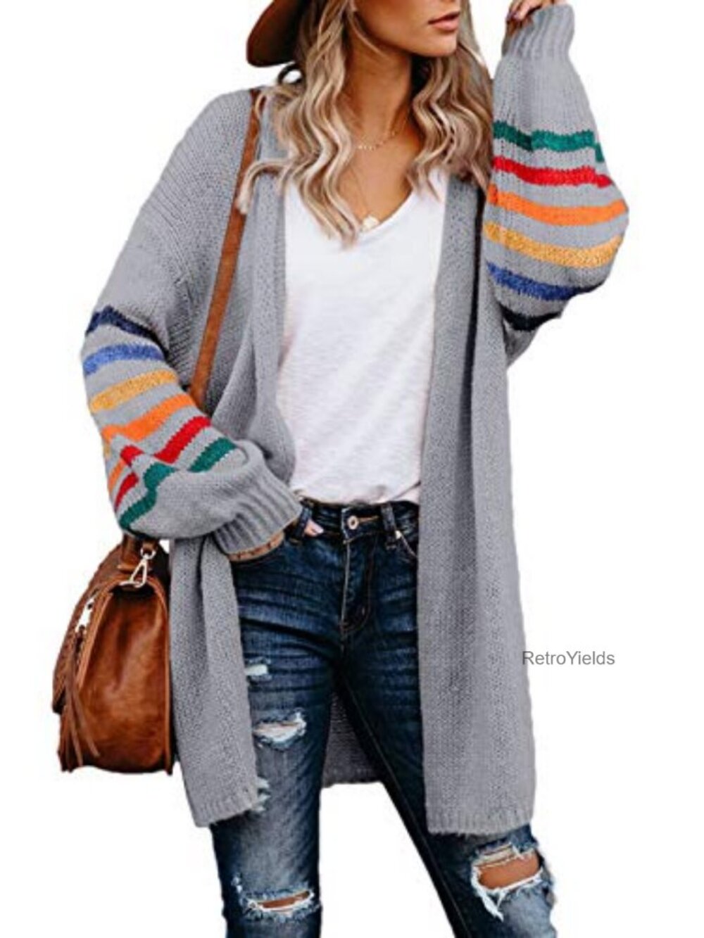 Striped Long Sleeve Loose Knit Open Front Cardigan Sweater Coat